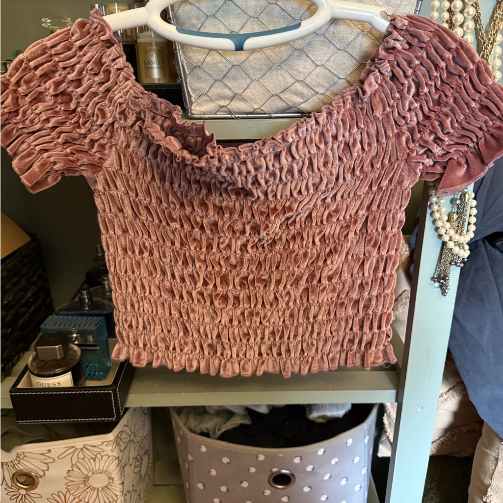 Women’s Blush Accordion Top Short-Sleeve Velvet Crop Top Dusty Rose Mauve Size M
